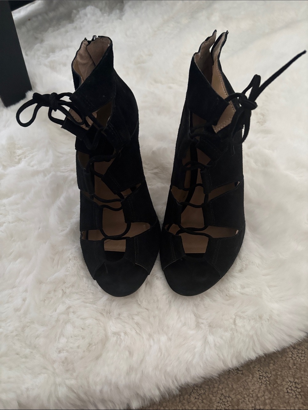 Ann Taylor Black Suede Lace-Up Cutout Heels